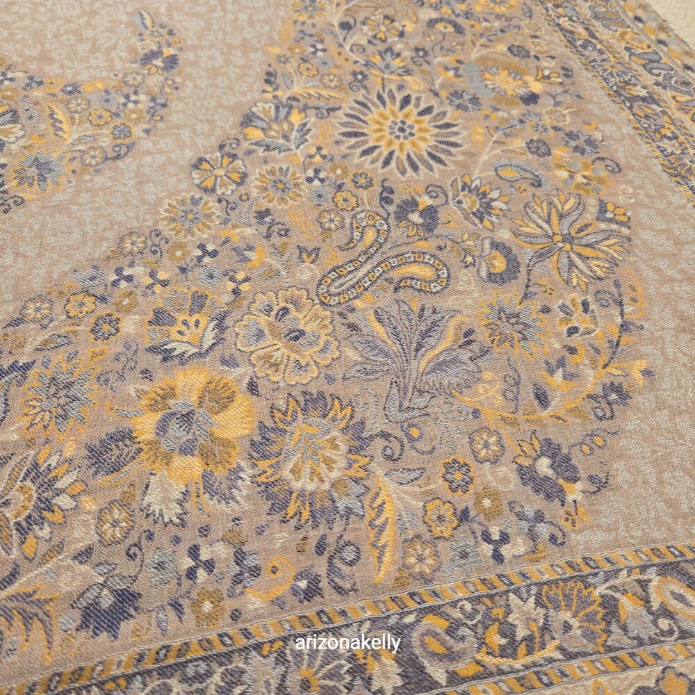 NWOT Cashmere Jacquard Lightweight Jamawar Shawl Scarf Yellow Blue - Picture 12 of 16